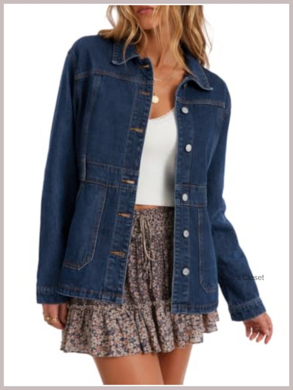 Womens Denim Long Jacket Shacket Casual Button Front Waist-Seamed Outerwear